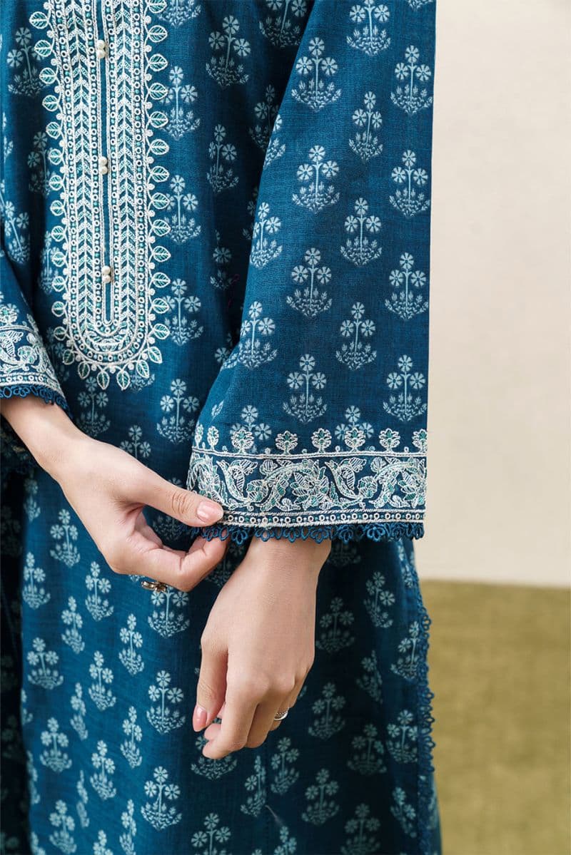 3 Piece Embroidered Khaddar Suit - Chivron Blue Unstitched thumbnail