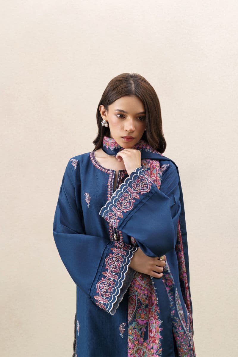 3 Piece Embroidered Khaddar Suit With Shawl - Monochromatic Blue Unstitched thumbnail