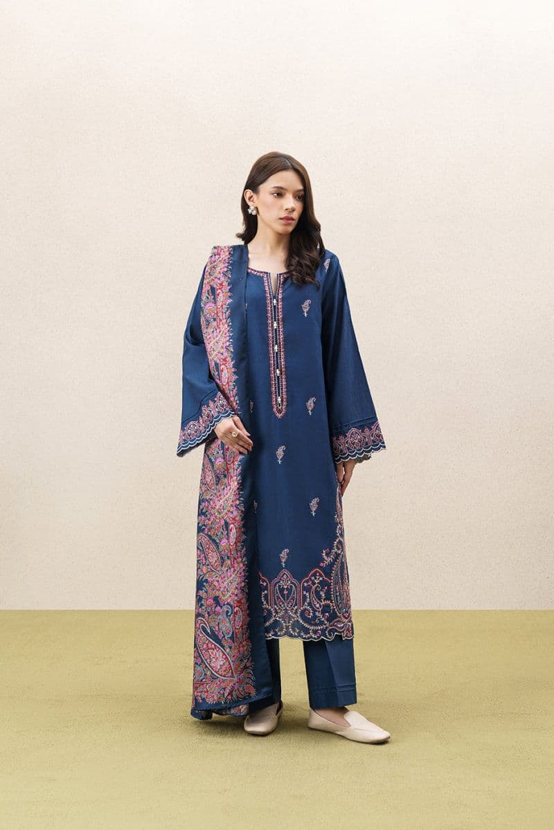 3 Piece Embroidered Khaddar Suit With Shawl - Monochromatic Blue Unstitched thumbnail