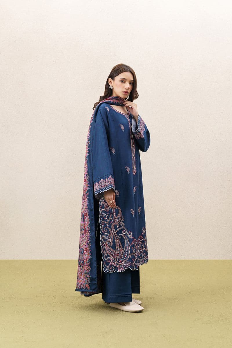 3 Piece Embroidered Khaddar Suit With Shawl - Monochromatic Blue Unstitched thumbnail