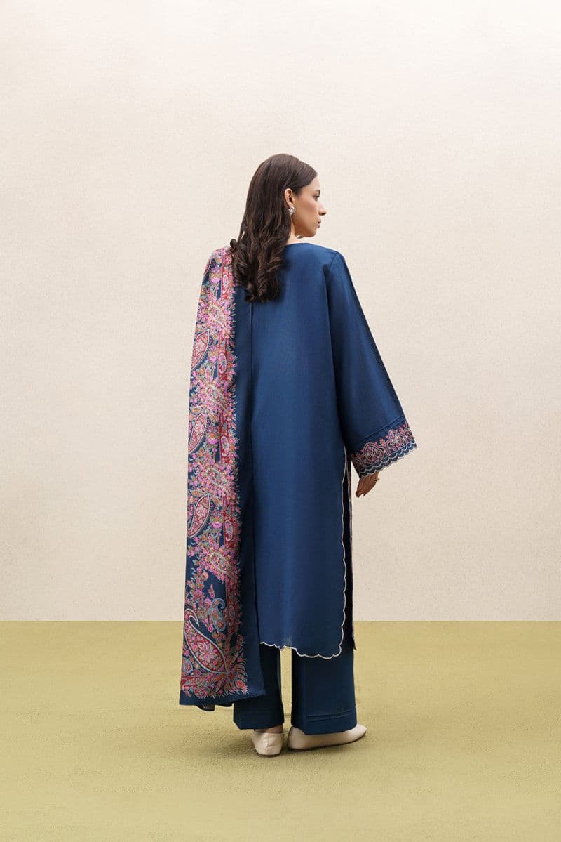 3 Piece Embroidered Khaddar Suit With Shawl - Monochromatic Blue Unstitched thumbnail