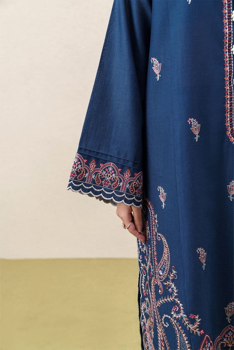 3 Piece Embroidered Khaddar Suit With Shawl - Monochromatic Blue Unstitched thumbnail
