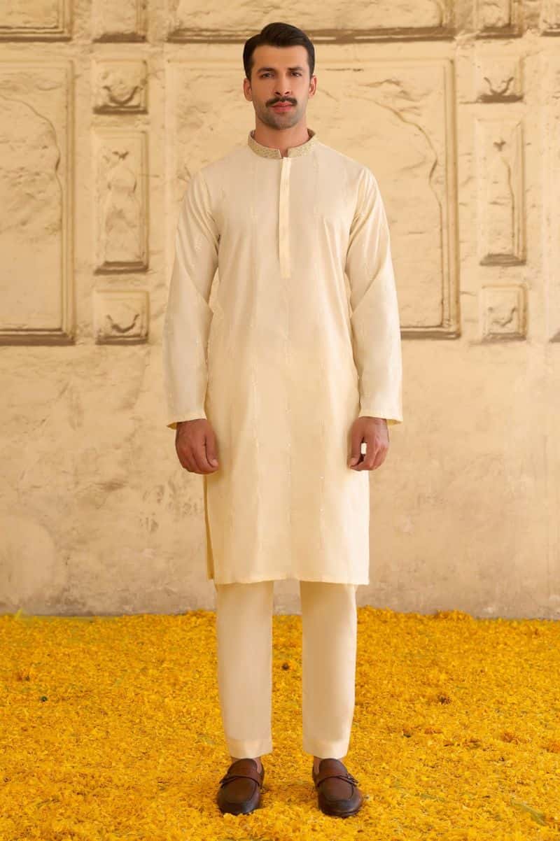 Cream Wash & Wear Kurta Pajama (TASSAVUR) - alternate view