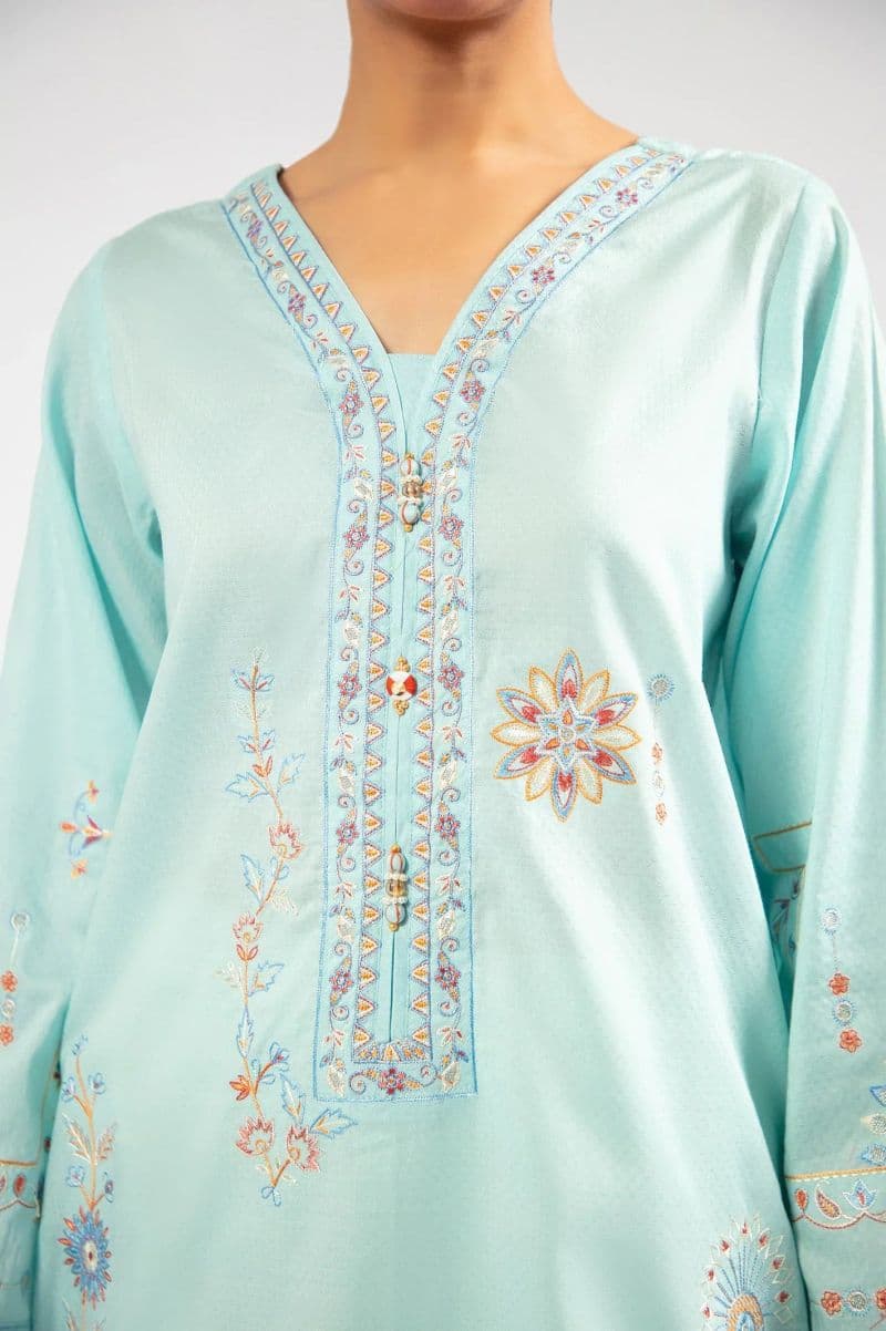Embroidered Cotton Dobby-Blue Kurti thumbnail