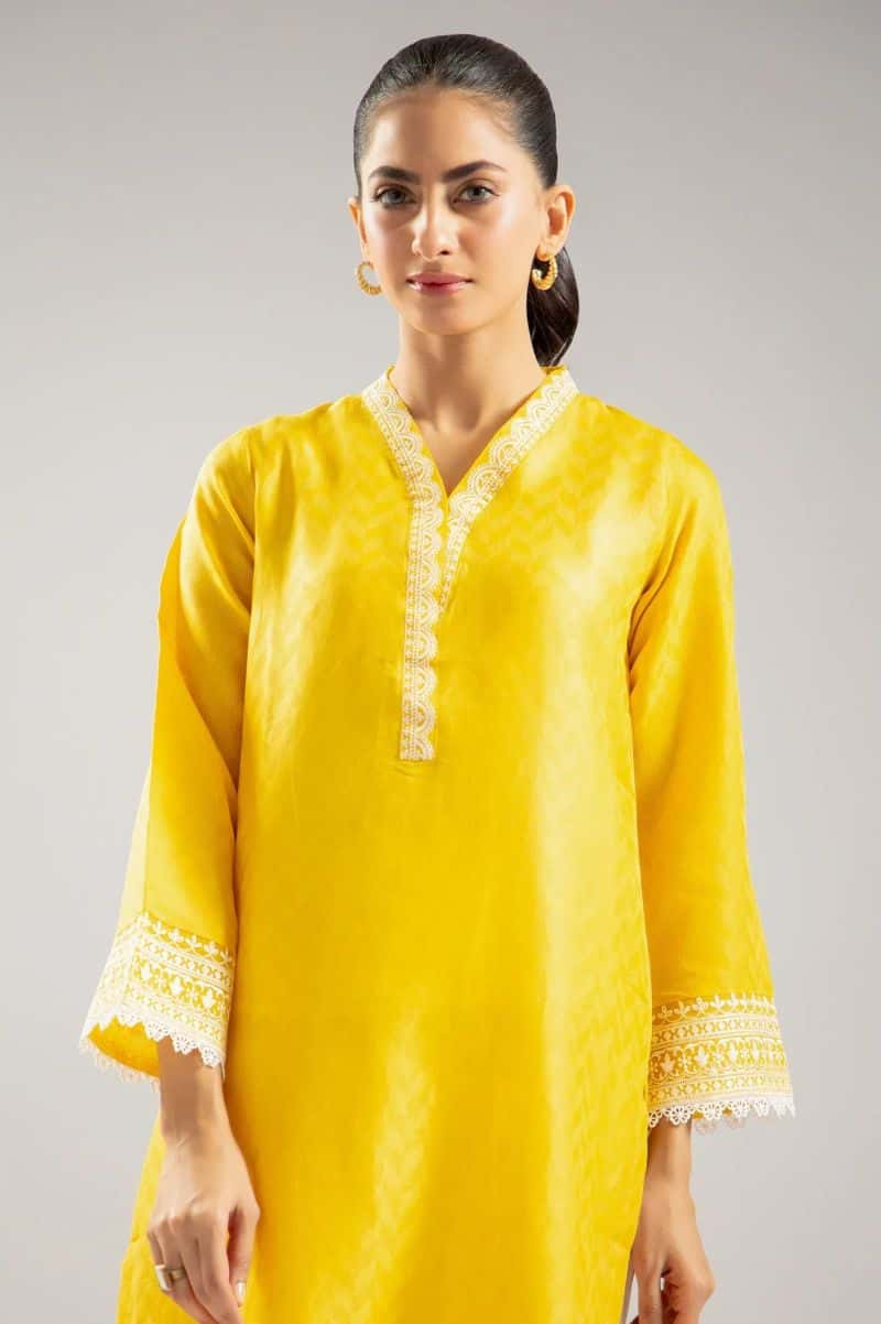 Embroidered Jacquard-Yellow Kurti - alternate view