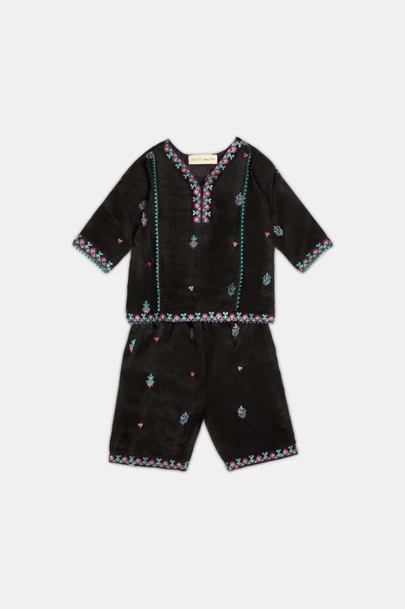 Embroidered Raw Silk-Black Infant 3PC