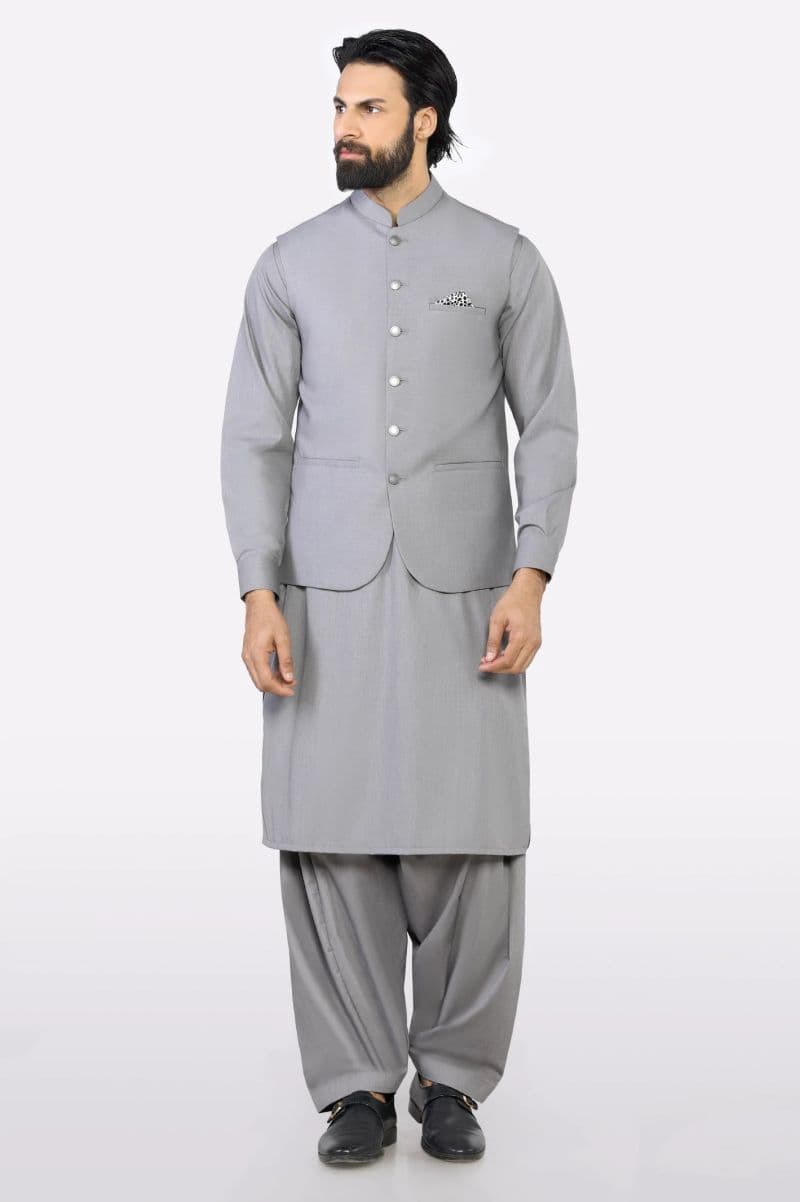 Light Grey Shalwar Kameez with Waistcoat thumbnail