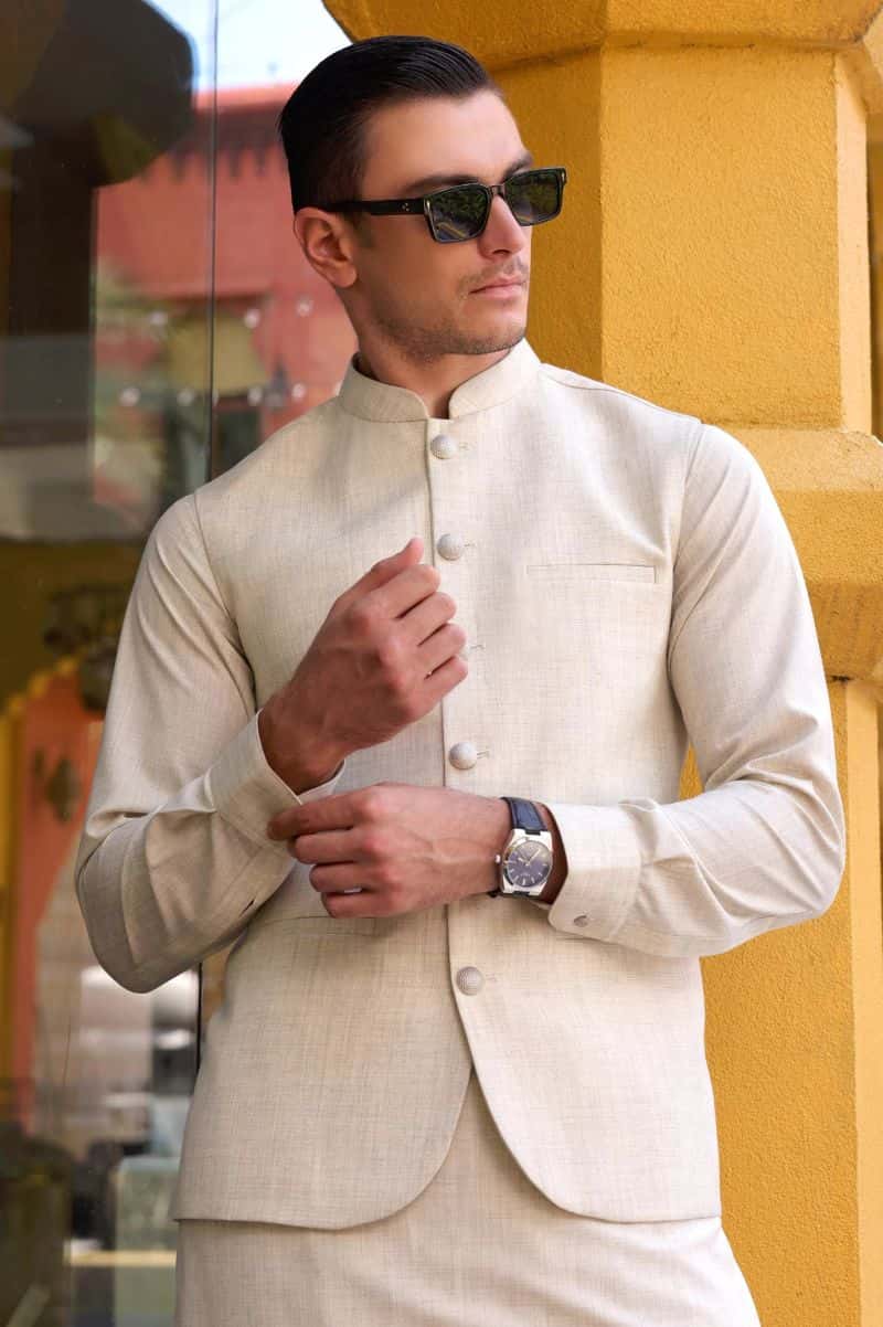 Fawn Shalwar Kameez with Waistcoat - alternate view