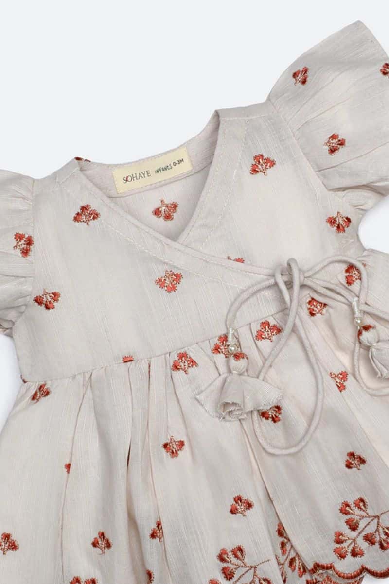 Beige Embroidered Infant Frock - alternate view