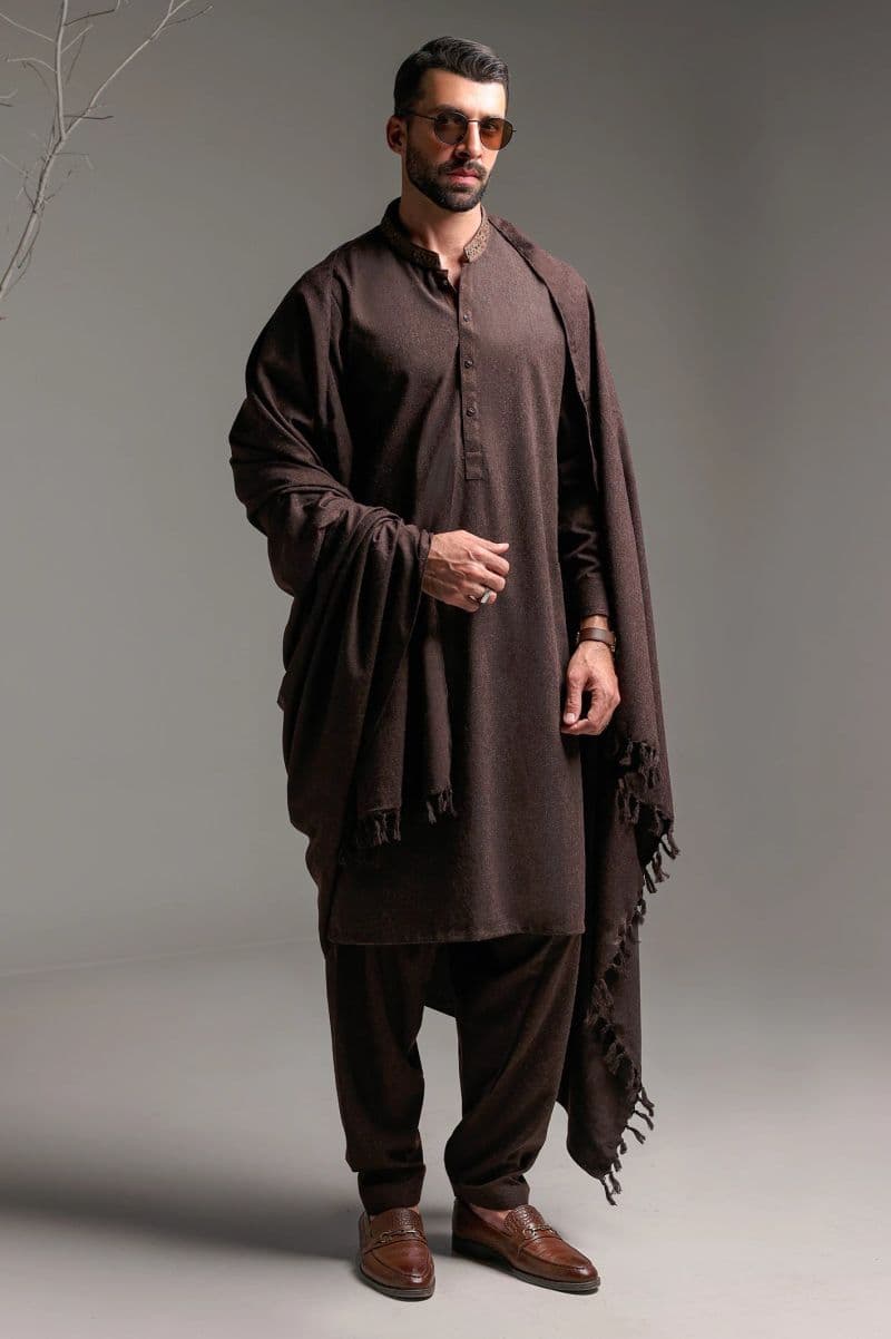 Dark Brown Shalwar Kameez with Shawl thumbnail