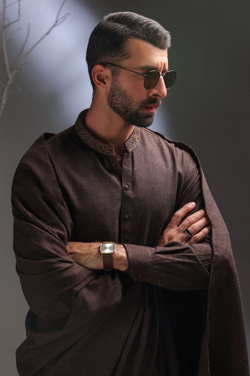 Dark Brown Shalwar Kameez with Shawl thumbnail
