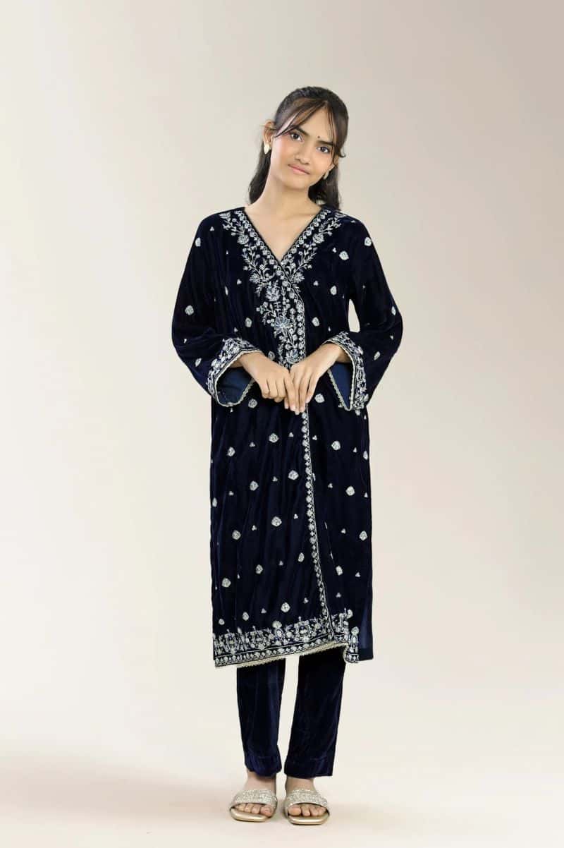 Embroidered Velvet-Navy Blue Teens 2Pc