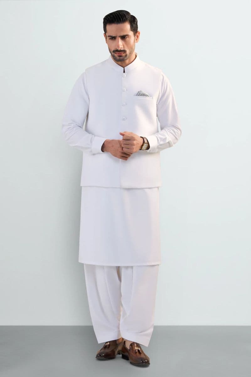 Off White Shalwar Kameez with Waistcoat thumbnail