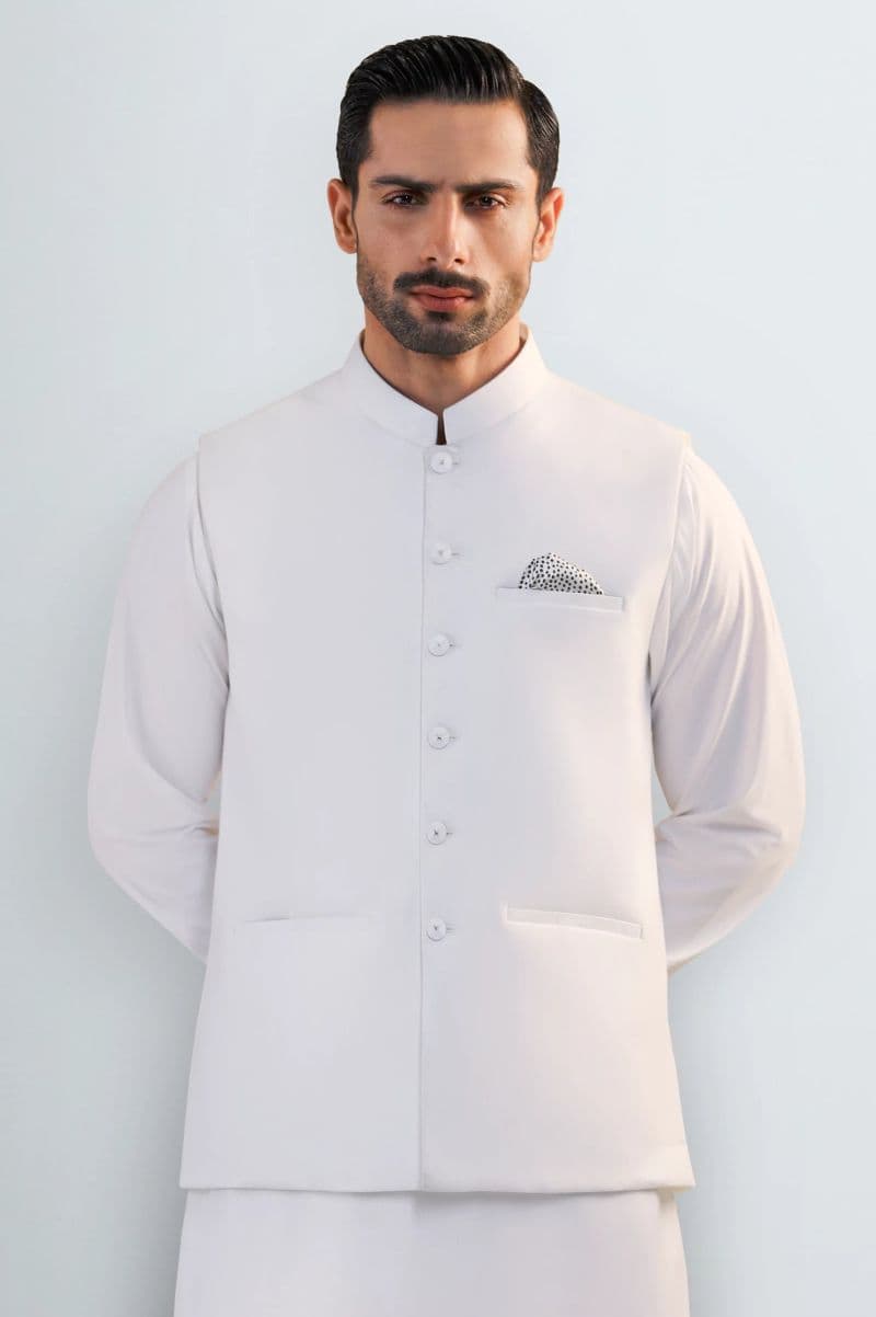 Off White Shalwar Kameez with Waistcoat thumbnail