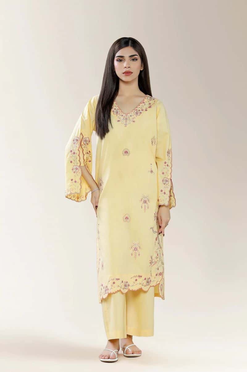 Embroidered Cambric Yellow 2PC
