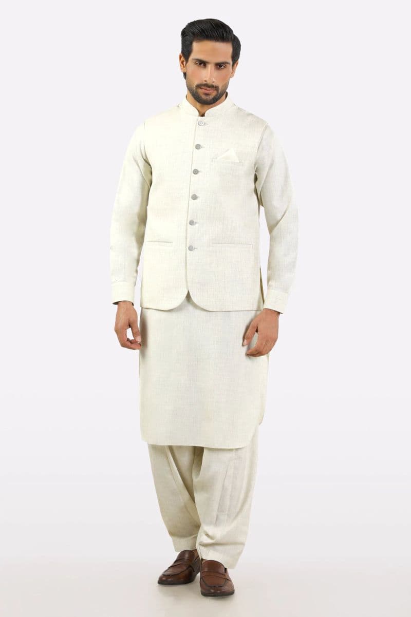 Cream Shalwar Kameez with Waistcoat thumbnail