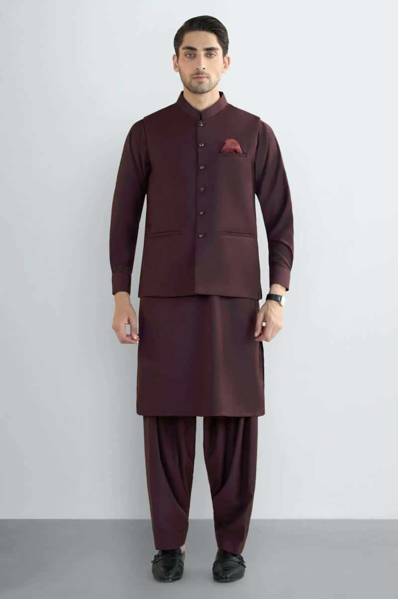 Maroon Shalwar Kameez with Waistcoat