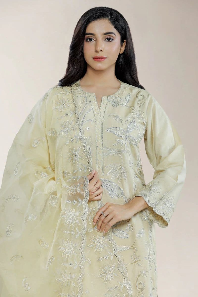 Embroidered Cotton Silk Beige 3PC thumbnail