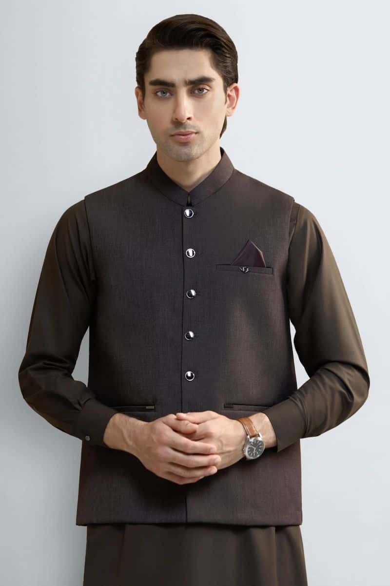 Coffee Brown Shalwar Kameez with Waistcoat - alternate view