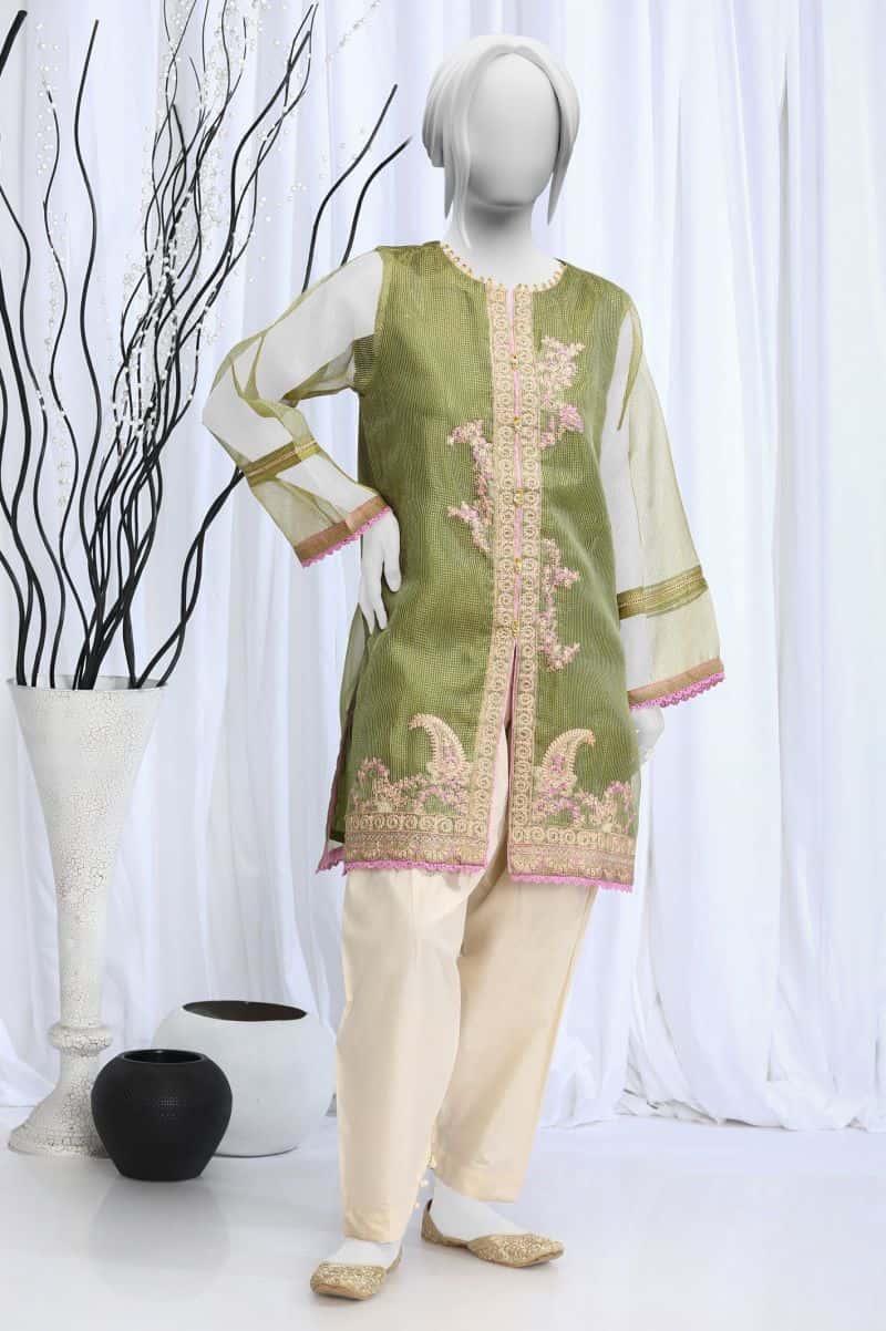 Embroidered Check Zari Green Kurti - alternate view