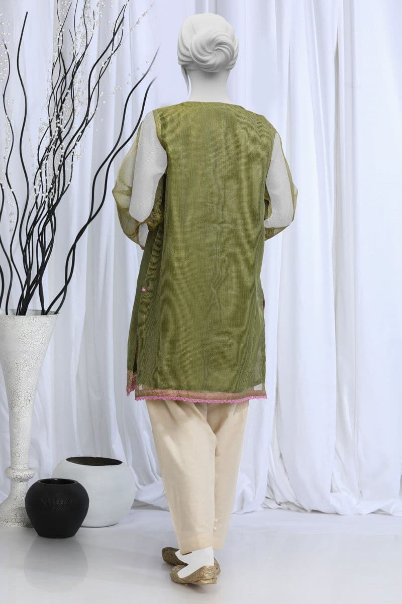 Embroidered Check Zari Green Kurti thumbnail