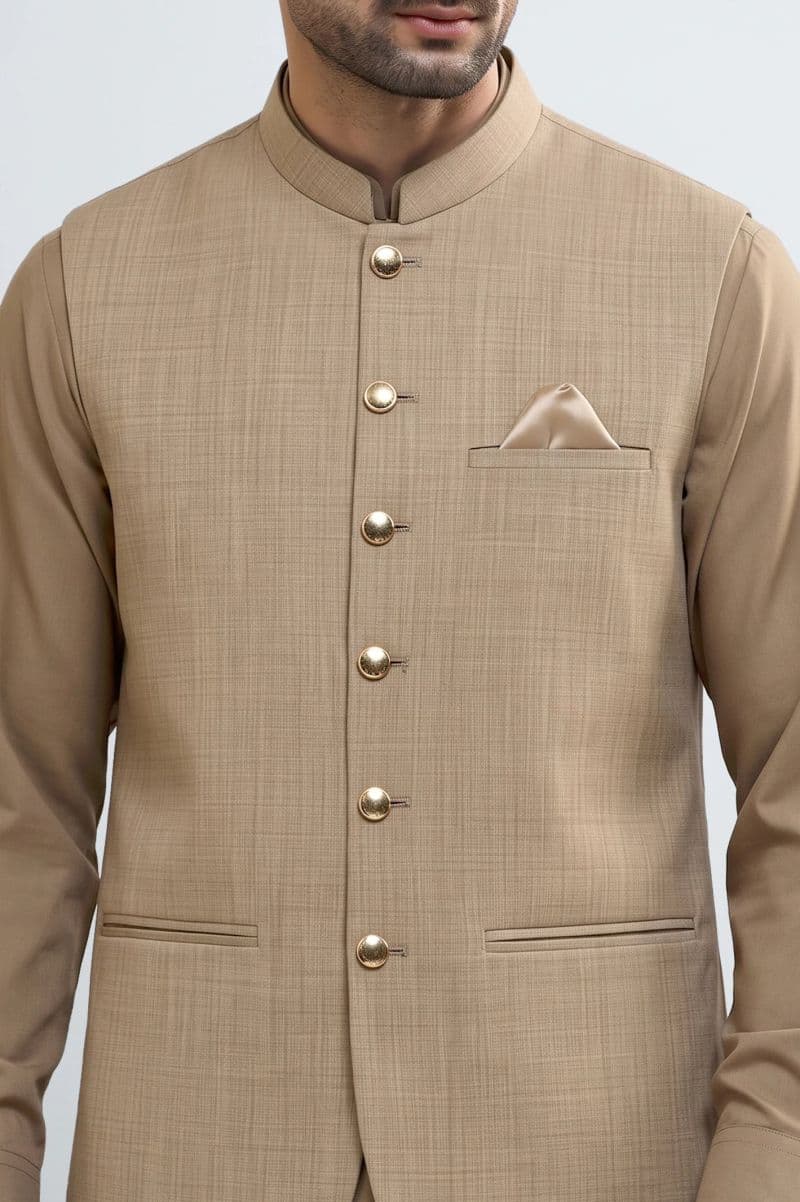 Dark Fawn Shalwar Kameez with Waistcoat thumbnail