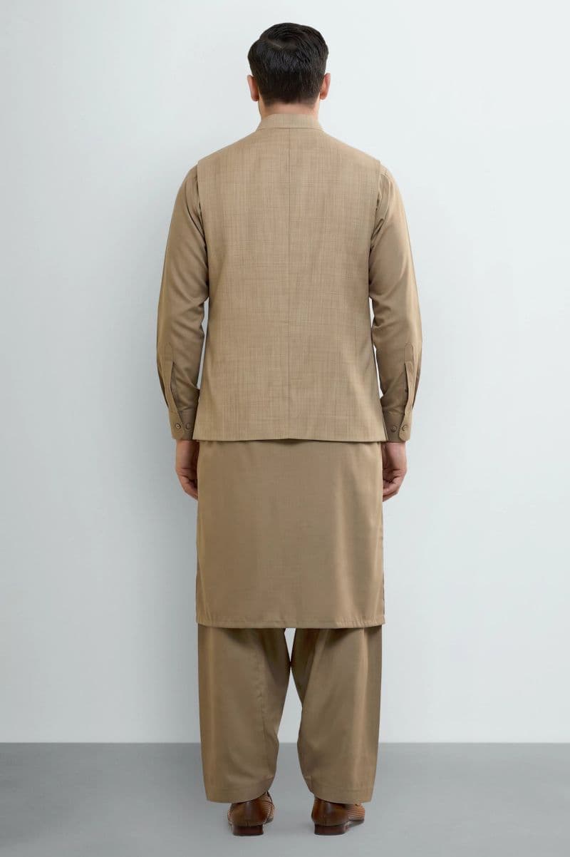 Dark Fawn Shalwar Kameez with Waistcoat thumbnail
