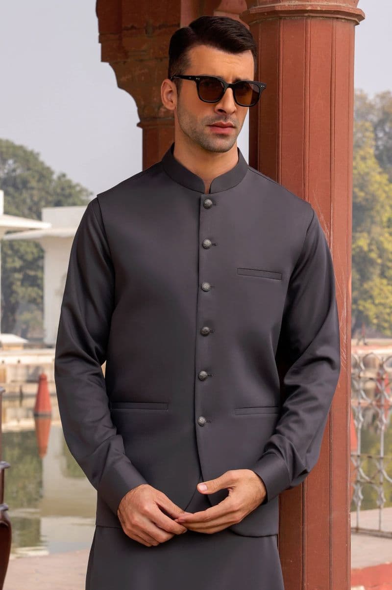 Men Coffee Grey Shalwar Kameez with Waistcoat thumbnail