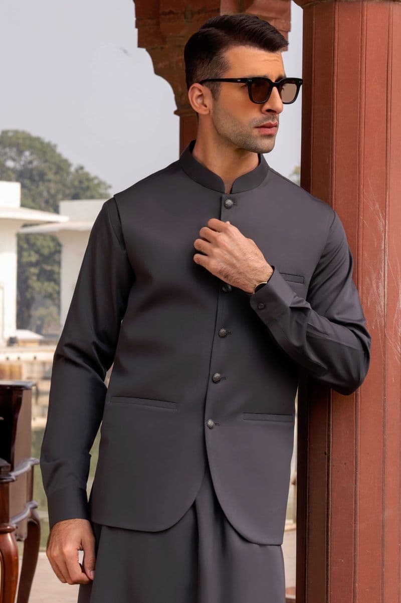 Men Coffee Grey Shalwar Kameez with Waistcoat thumbnail