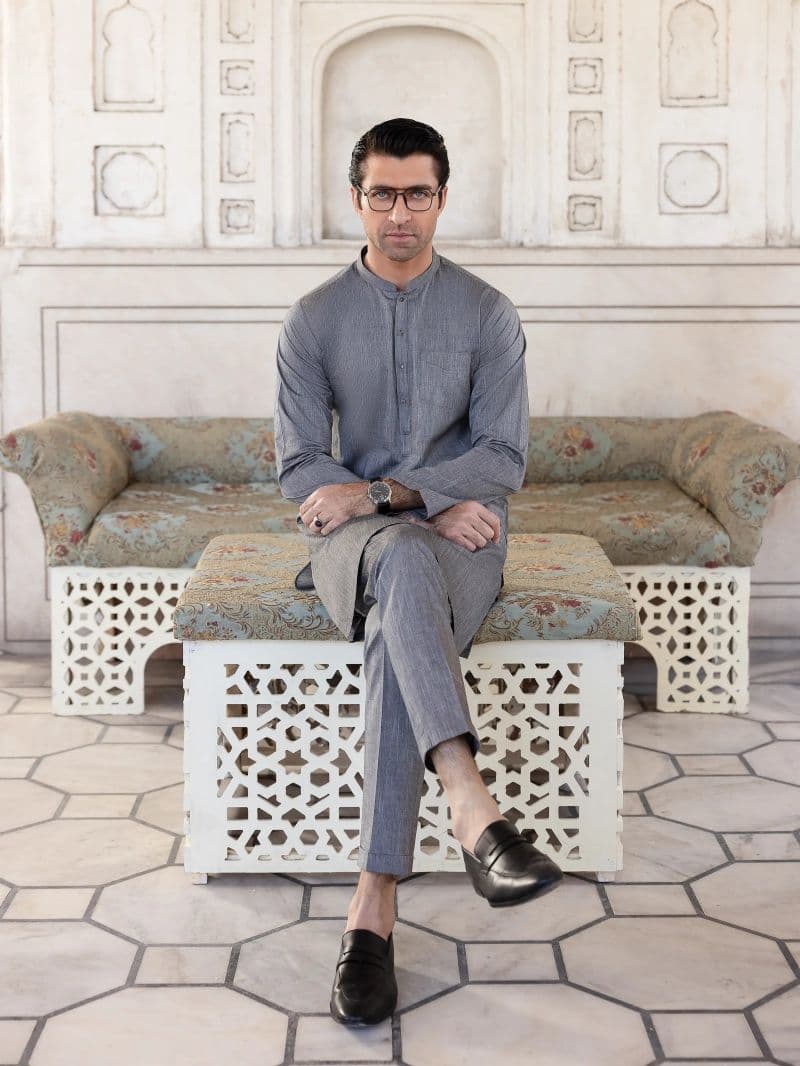Embroidered Chambray Kurta Pajama - EMTKPT5-056 thumbnail