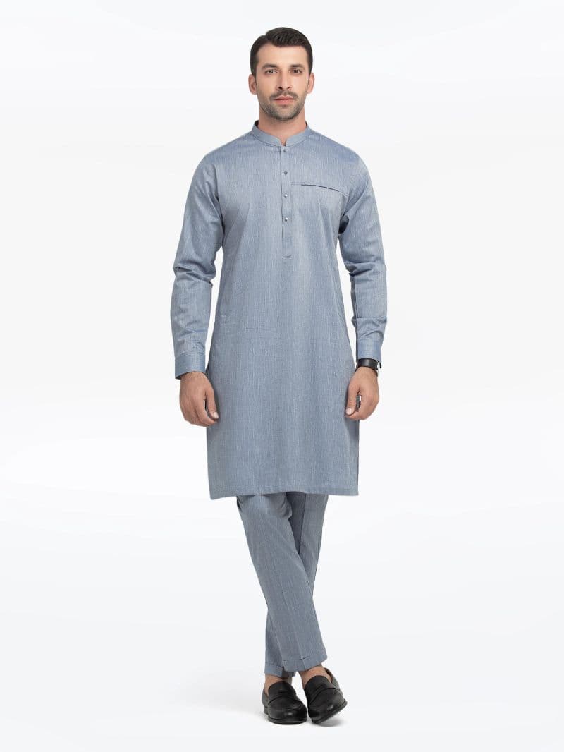 Embroidered Chambray Kurta Pajama - EMTKPT5-058 thumbnail