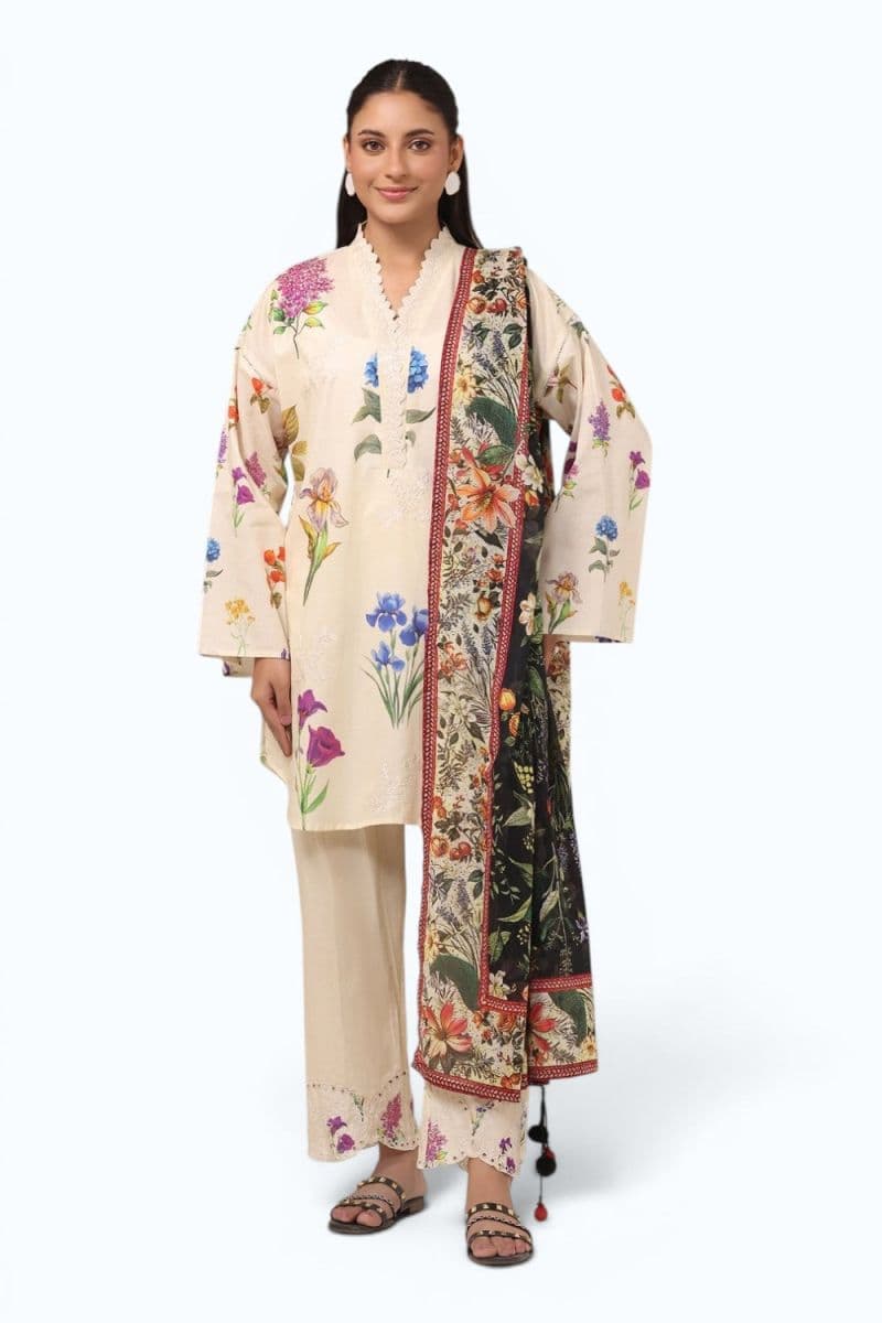 3PC Cambric Printed Suit With Embroidered thumbnail