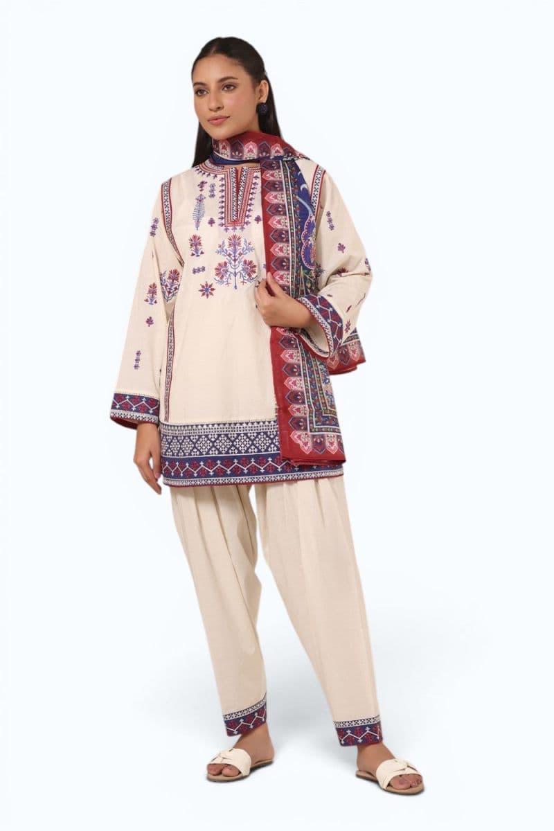 3PC Cambric Embroidered Suit With Printed Scarf thumbnail