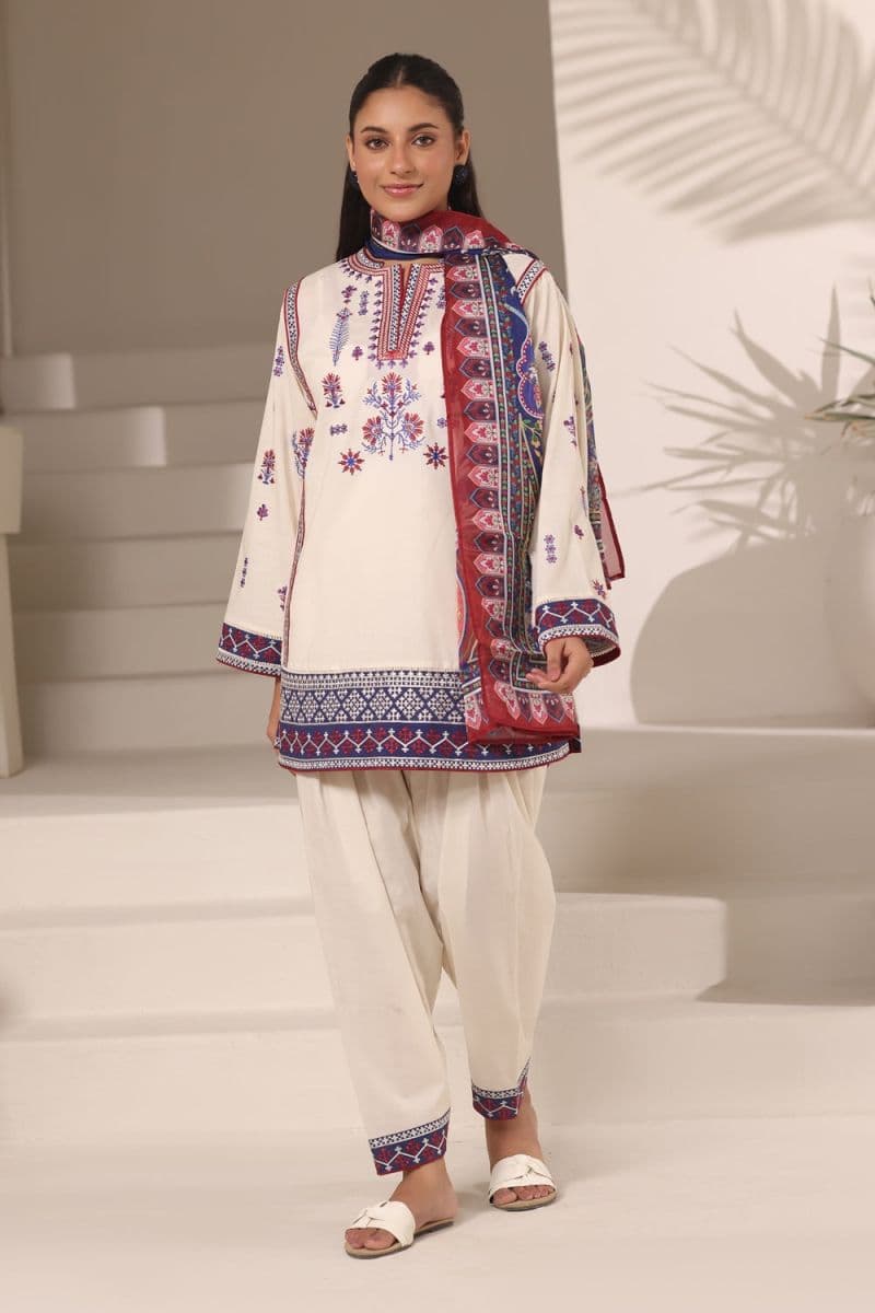 3PC Cambric Embroidered Suit With Printed Scarf thumbnail