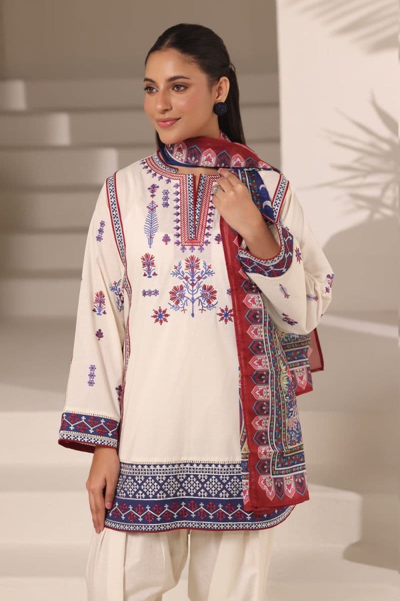 3PC Cambric Embroidered Suit With Printed Scarf thumbnail