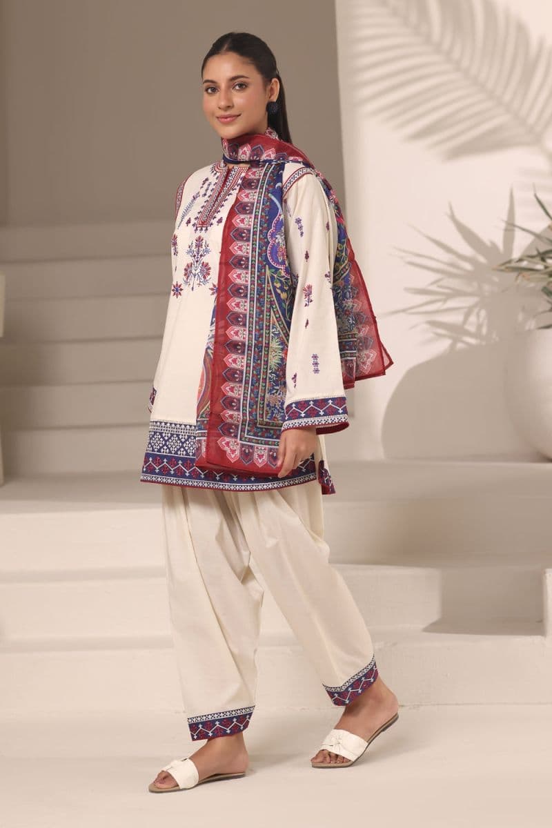 3PC Cambric Embroidered Suit With Printed Scarf thumbnail