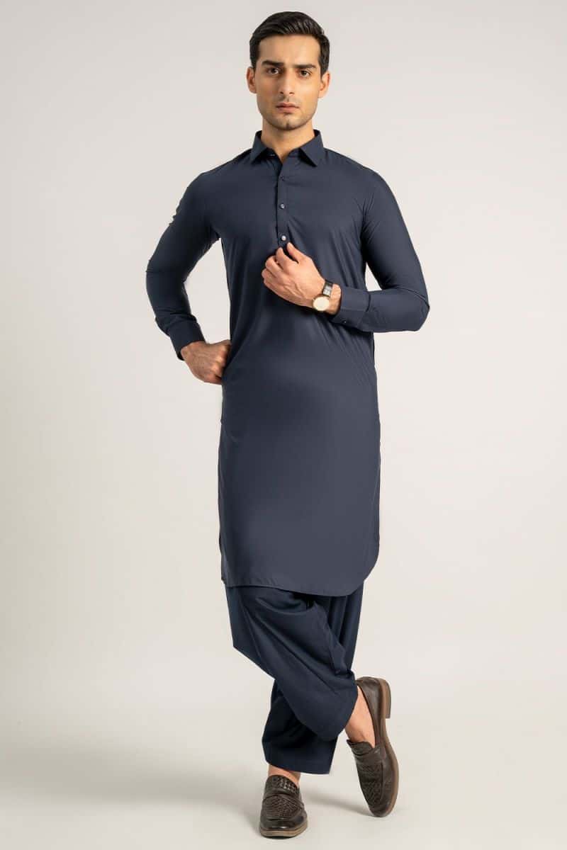 Navy Blue Blended Kameez Shalwar