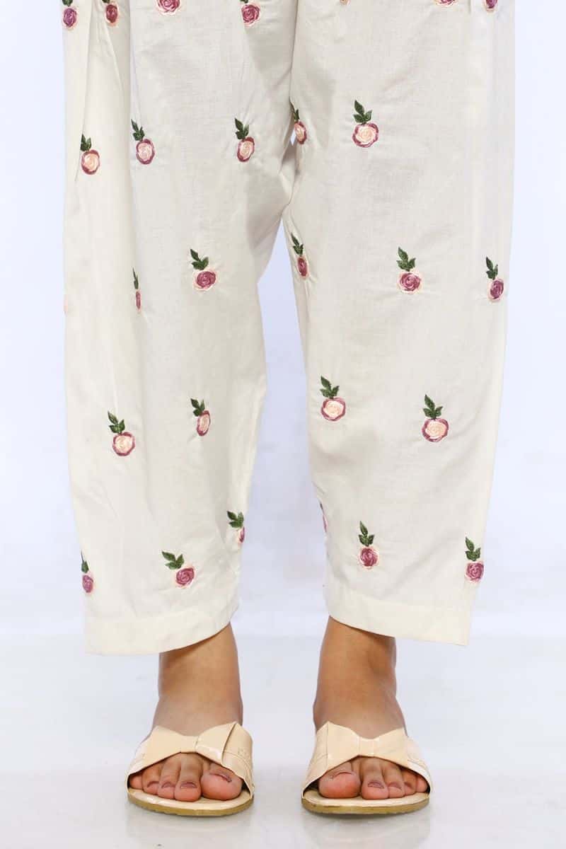 White Cambric Embroidered Shalwar