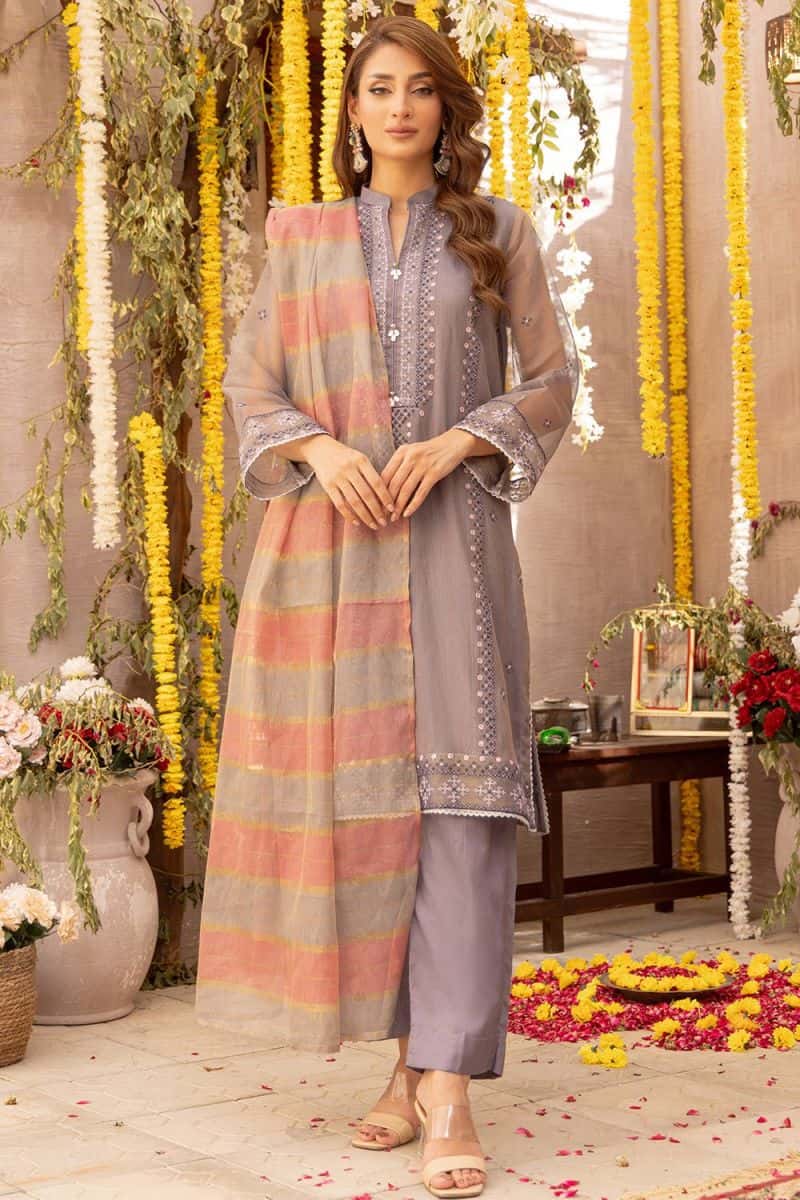 3 Pc Grey Embroidered Zari Net Luxury Stitched Suit