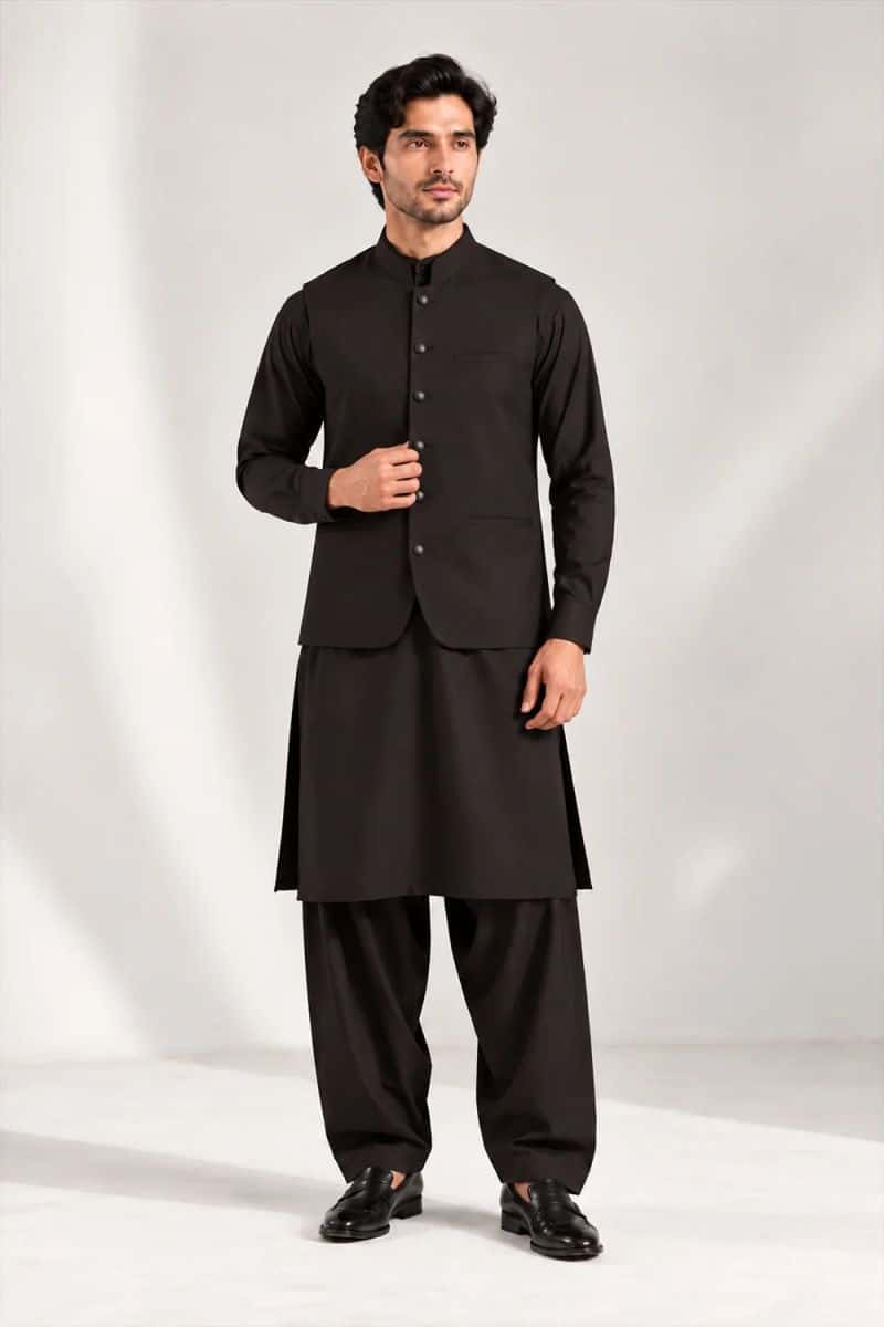 Men's Blended Kameez Shalwar with Waistcoat – charcoal - alternate view