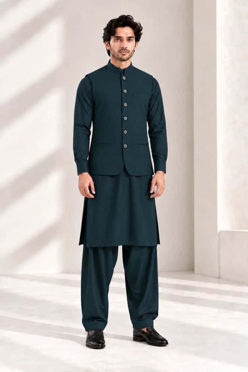 Men's Blended Kameez Shalwar with Waistcoat – teal green
