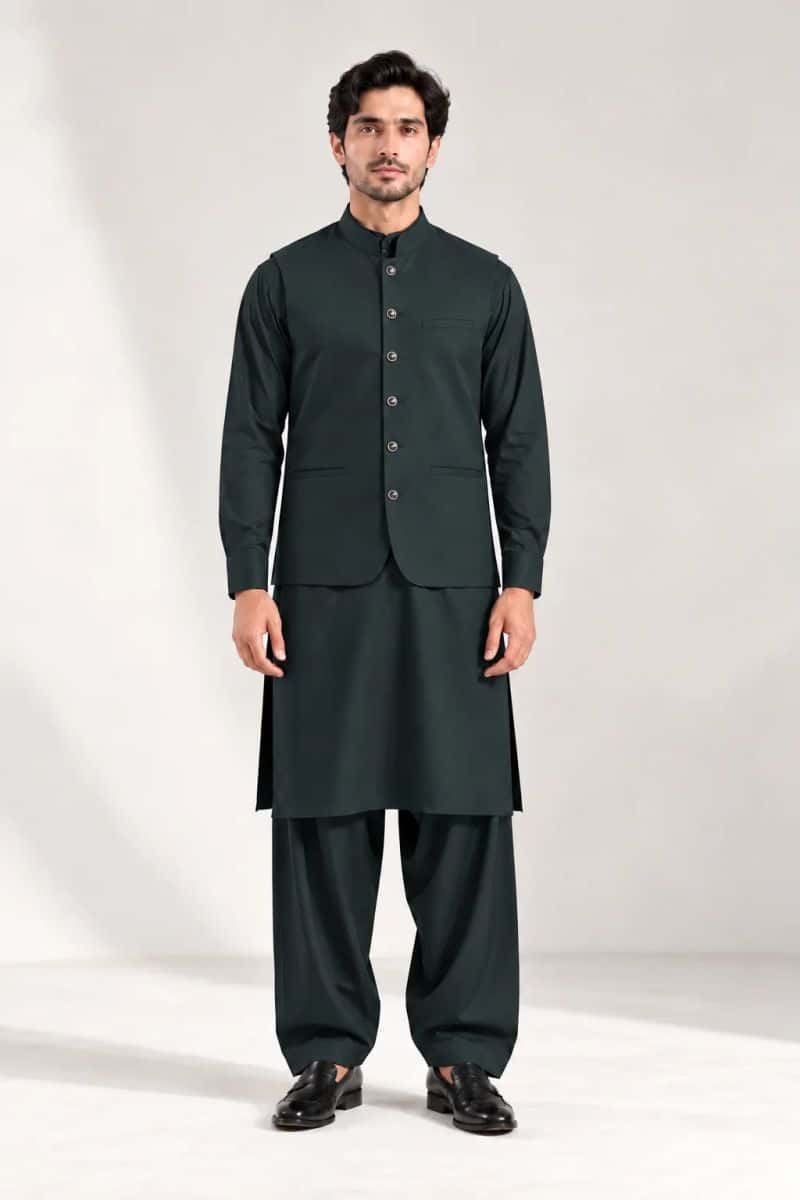 Men's Blended Kameez Shalwar with Waistcoat – DARK GREEN