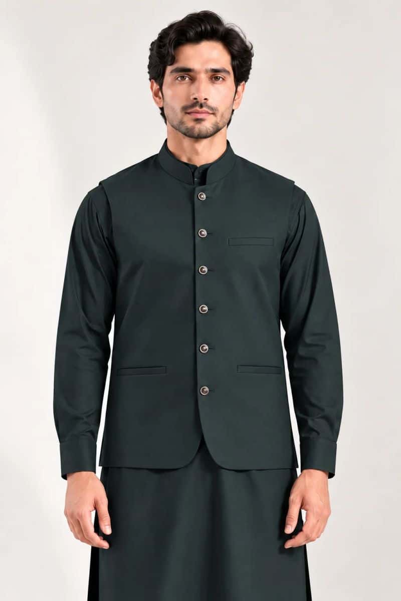 Men's Blended Kameez Shalwar with Waistcoat – DARK GREEN - alternate view
