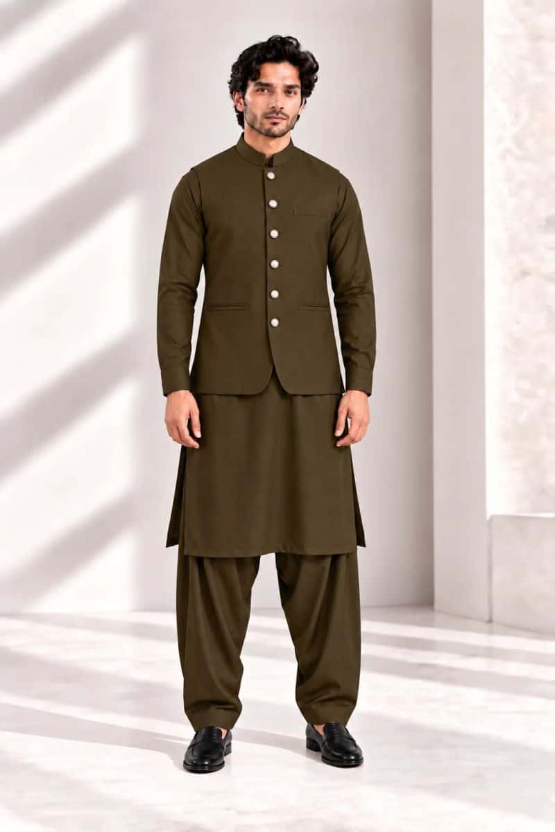 Men's Blended Kameez Shalwar with Waistcoat – LIGHT OLIVE