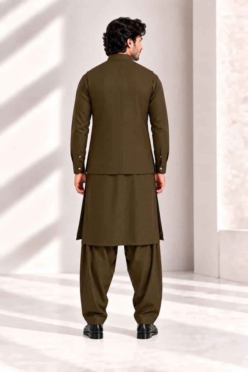 Men's Blended Kameez Shalwar with Waistcoat – LIGHT OLIVE thumbnail