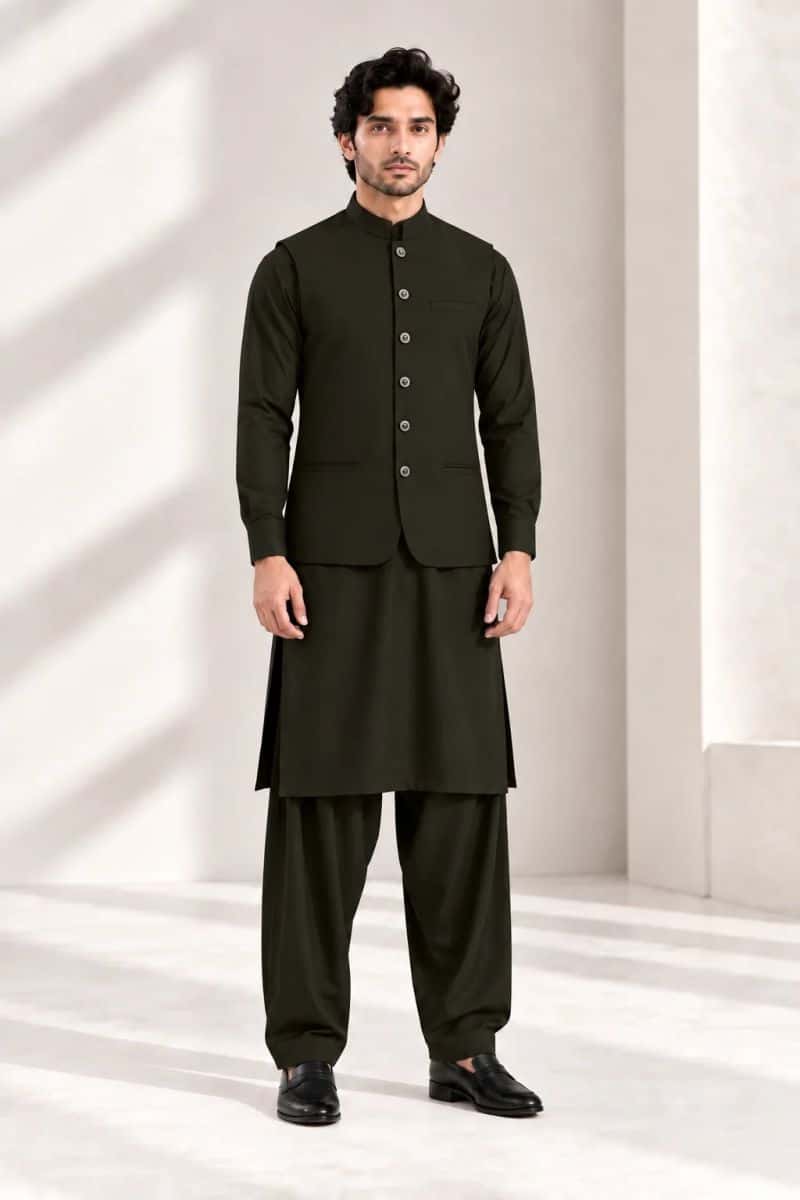 Men's Blended Kameez Shalwar with Waistcoat – DARK OLIVE