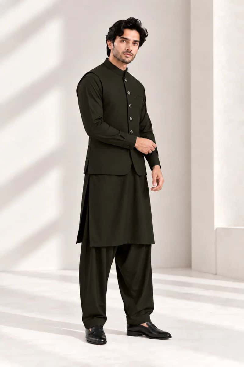 Men's Blended Kameez Shalwar with Waistcoat – DARK OLIVE - alternate view