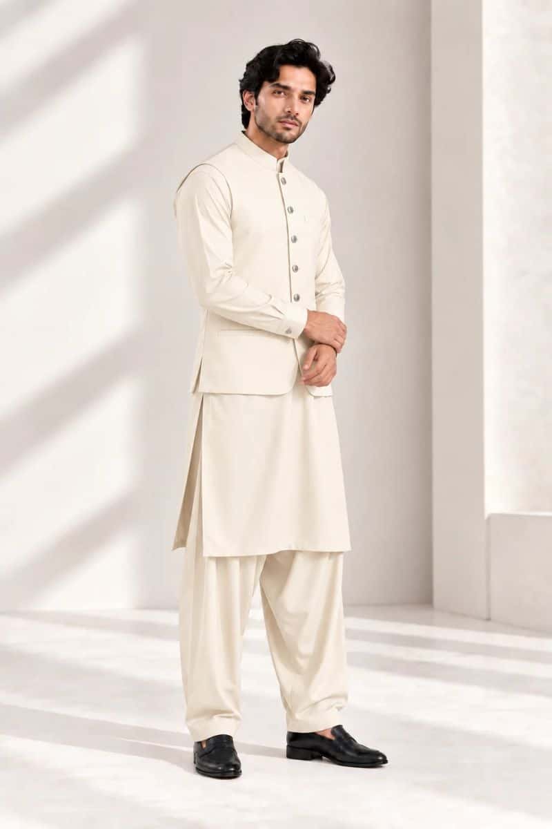 Men's Blended Kameez Shalwar with Waistcoat – CREAM - alternate view
