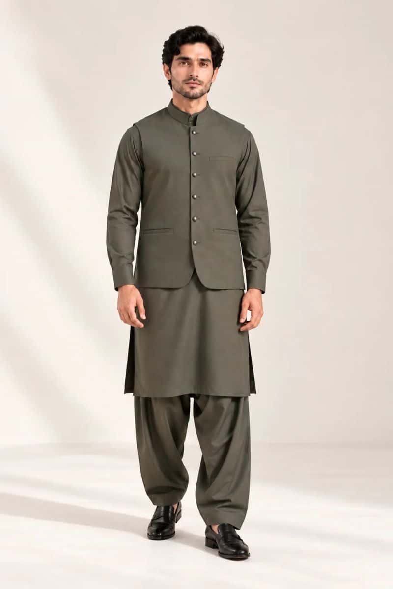Men's Blended Kameez Shalwar with Waistcoat – OLIVE