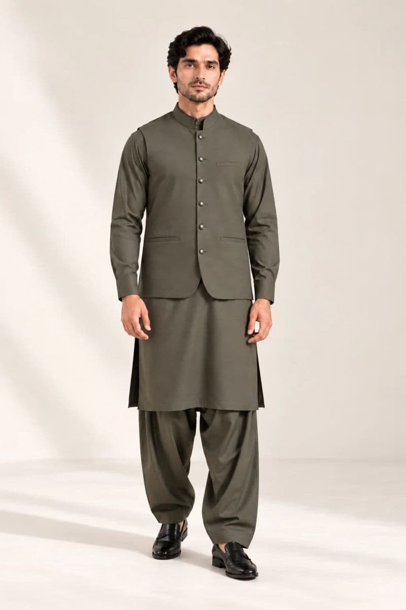 Men's Blended Kameez Shalwar with Waistcoat – OLIVE thumbnail